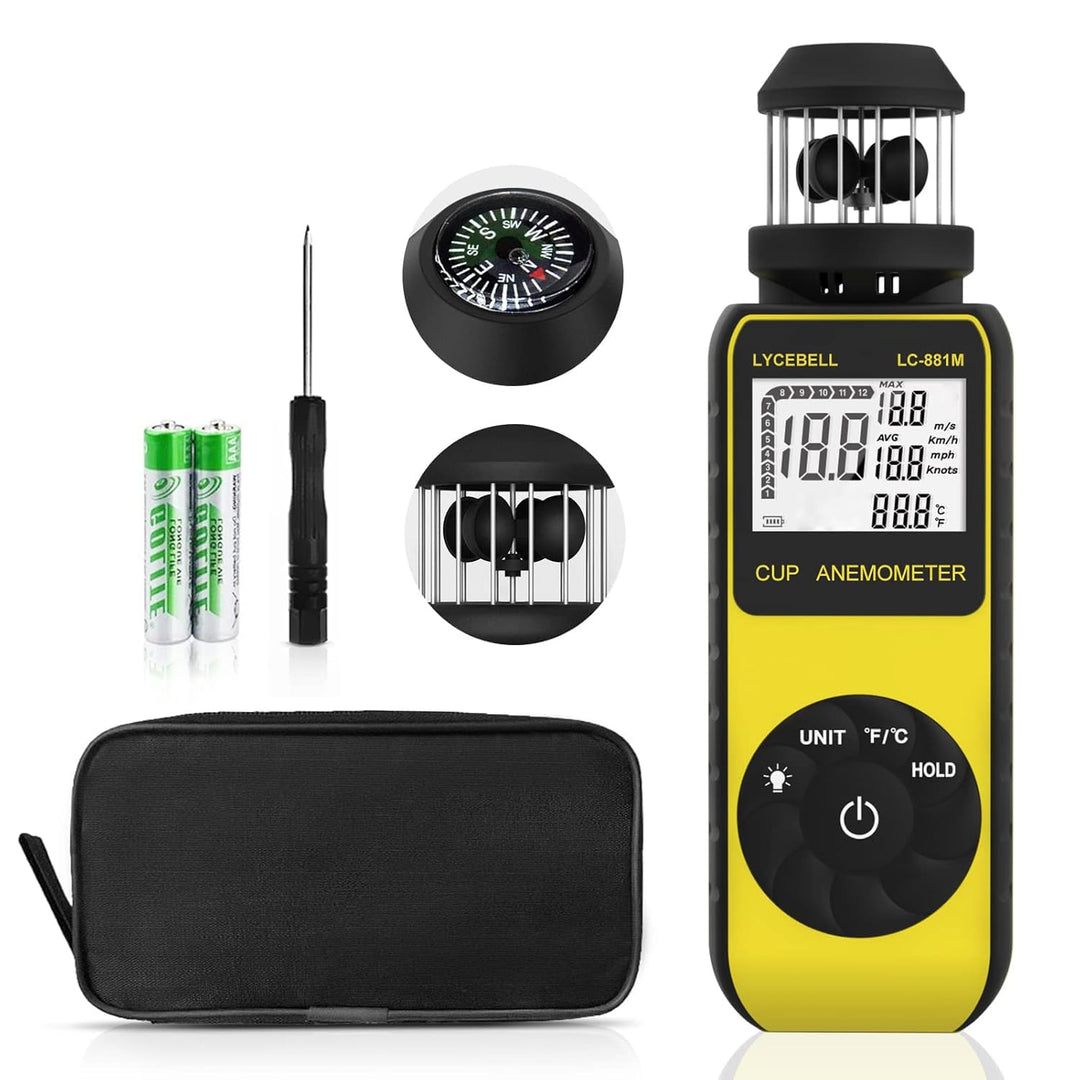 LYCEBELL Windmesser Windmessgerät, Handheld Digitaler Anemometer, Misst Windgeschwindigkeit Luftfeuc