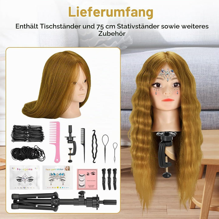 Friseurkopf mit Stativ, Trainingsköpfe mit 90% Echthaar 58CM, Schaufensterpuppe zum Frisieren, für K