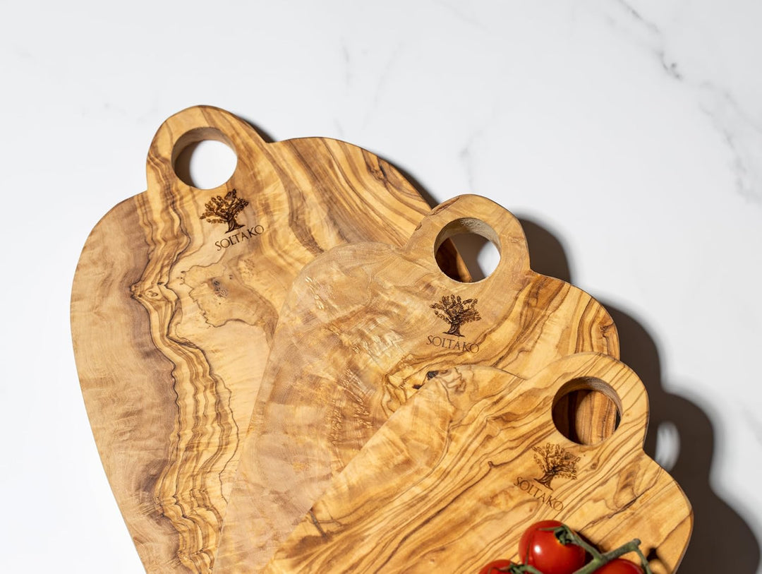 SOLTAKO massive 3er Set Olivenholzbretter Geschenkset Steakbrett aus Olivenholz für Feinschmecker, S