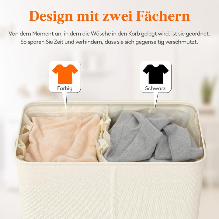 Lifewit 145L Wäschekorb 2 Fächer, Wäschesammler mit Deckel, Wäschekorb Wäschekörbe Gross 2 Abnehmbar