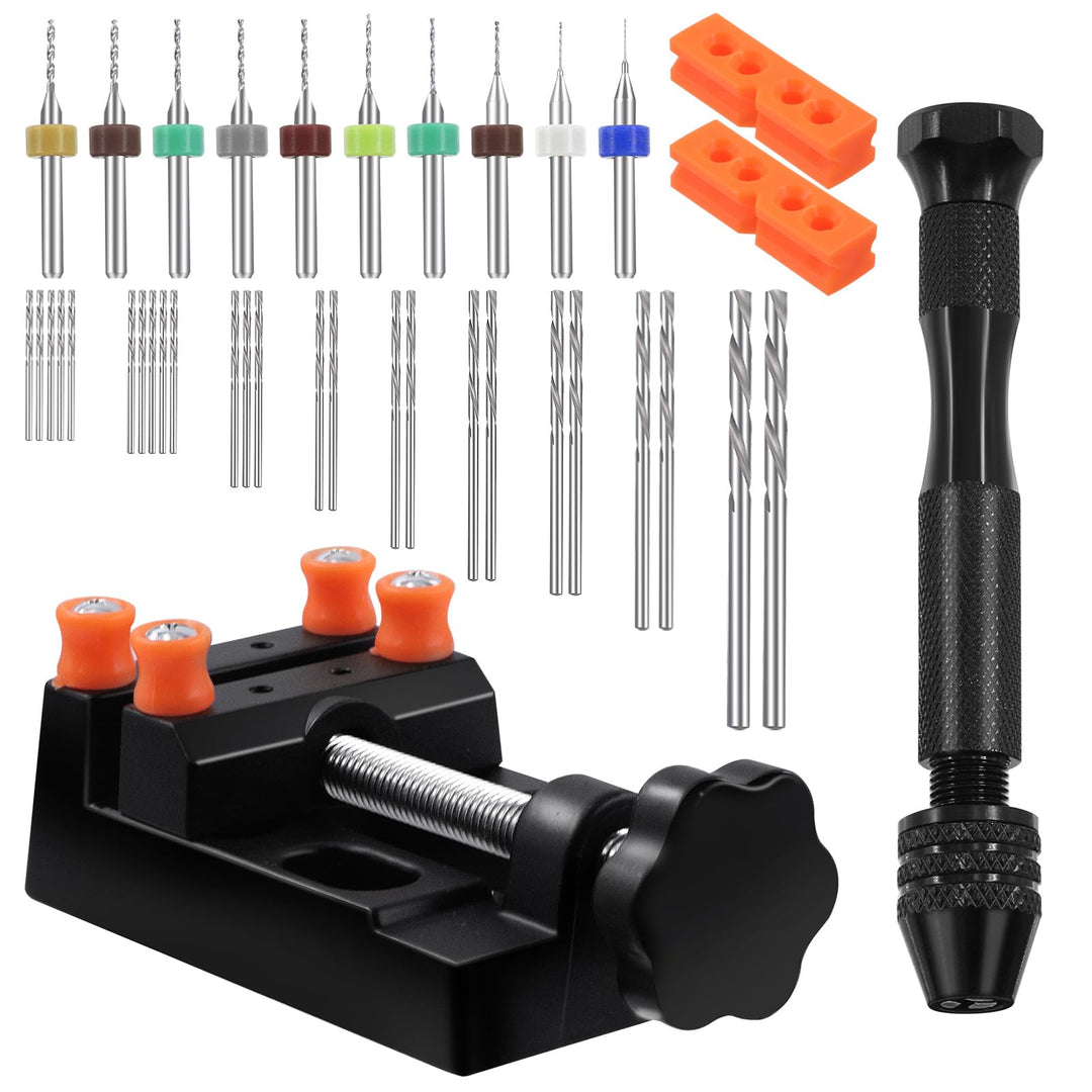 Swpeet 47 Pieces Hand Drill Bits Set Include Mini Bench Vice mit Klemmen, Pin Vise Handbohrer, Spira