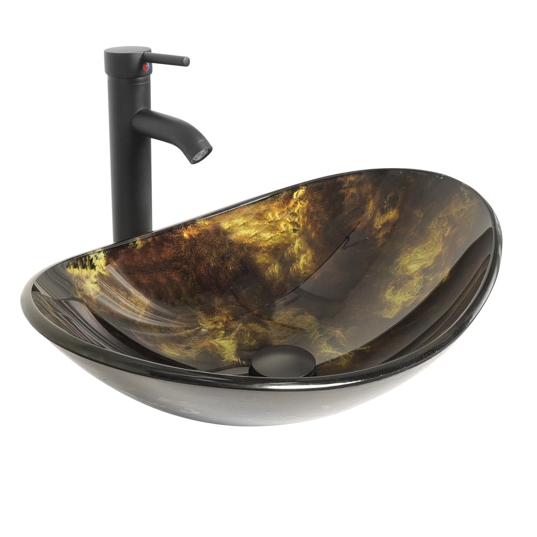 YU YUSING Waschbecken Glas Aufsatzwaschbecken Waschtisch, Oval Hand Waschschale mit Wasserhahn Set,