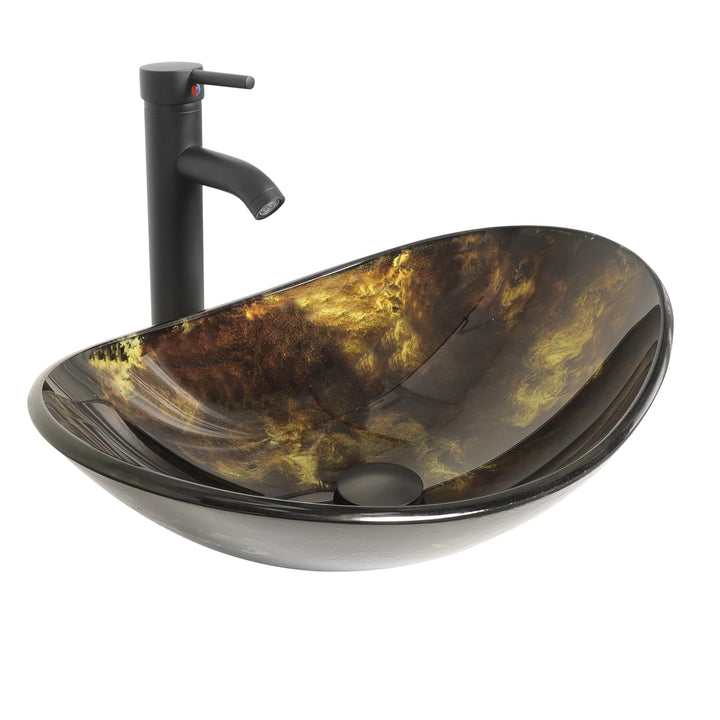 YU YUSING Waschbecken Glas Aufsatzwaschbecken Waschtisch, Oval Hand Waschschale mit Wasserhahn Set,