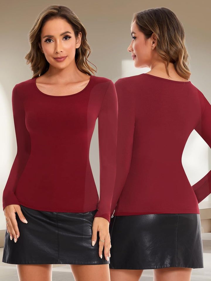 SHAPERIN Oberteile Damen Langarm Eng Langarmshirt Rundhals Einfarbige T-Shirts Lässige Blusen Top, R