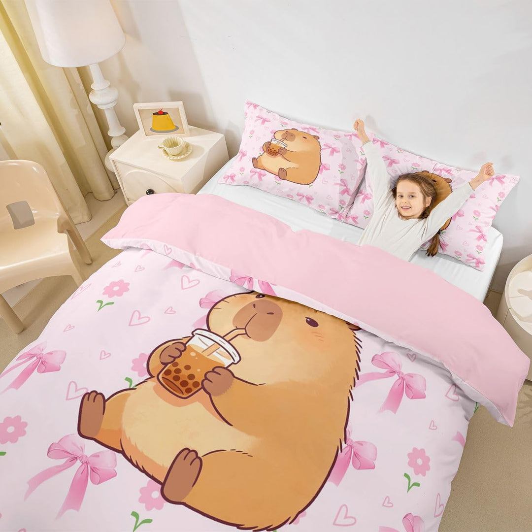Homemissing Rosa Schleifen Capybara Bettwäsche 135x200cm süsses Mädchen-Design für Kinderzimmer,Bett