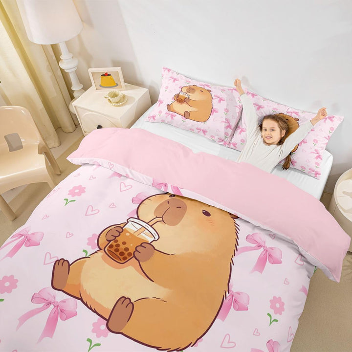 Homemissing Rosa Schleifen Capybara Bettwäsche 135x200cm süsses Mädchen-Design für Kinderzimmer,Bett