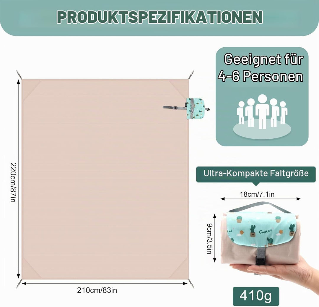 Picknickdecke wasserdicht 210 x 220 cm – Ultraleichte Faltbare Outdoor Decke, kompakt &amp; einfach fixi