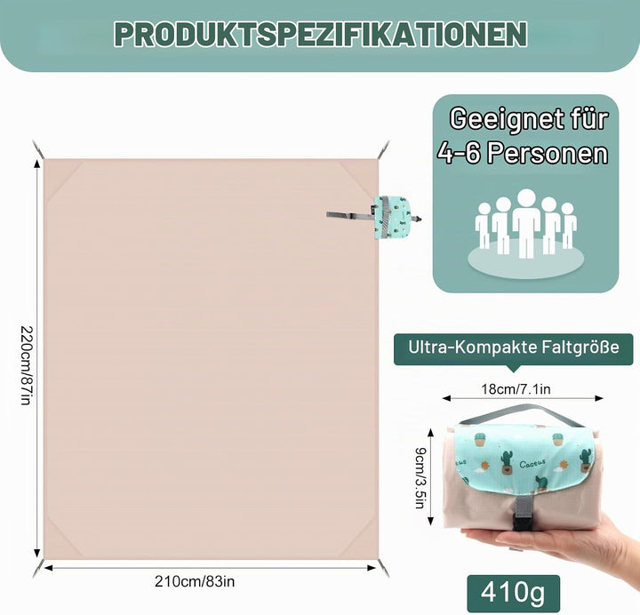 Picknickdecke wasserdicht 210 x 220 cm – Ultraleichte Faltbare Outdoor Decke, kompakt &amp; einfach fixi