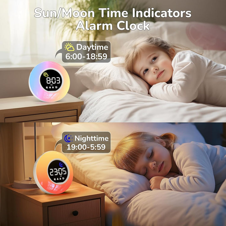 Wecker Digital, Kinderwecker mit Nachtlicht, 12 White Noise, 2 Alarmanzeige, Snooze und Timer, Einst