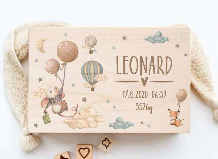 Little Deco Erinnerungskiste Baby personalisiert Maus mit Ballon | 40 x 30 x 22 cm | Erinnerungsbox
