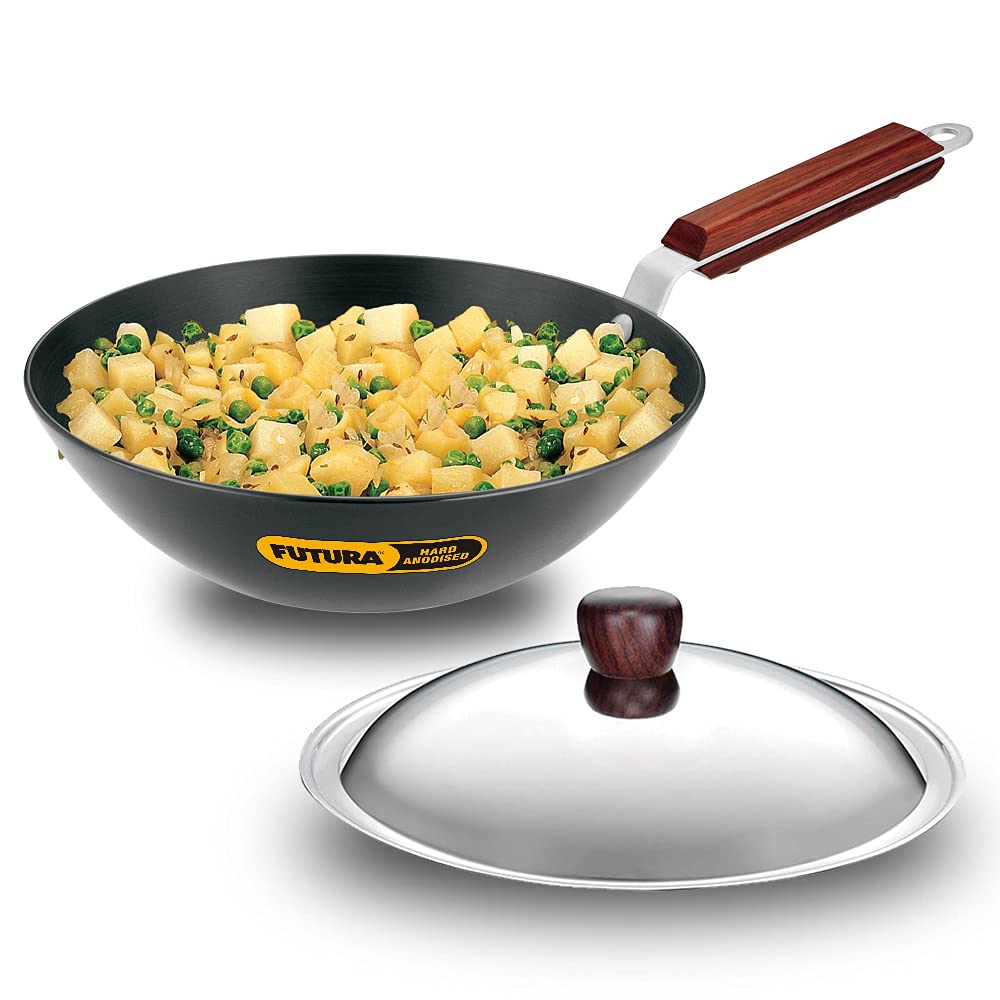 Futura Hard eloxiert deep-fry Pan (Kadhai) mit Stahl Deckel und flacher Boden 2.5L, 2.5L