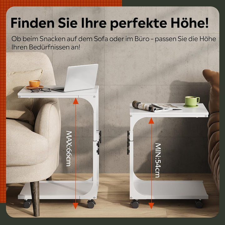 WLIVE Beistelltisch Couch Weiss, C Form Sofatisch mit Rollen, Kleiner Couchtisch mit 2 Etagen Ablage