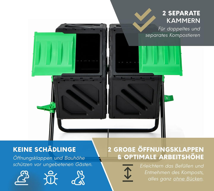 WESTMANN Kunststoff Trommelkomposter Humus-Duo | 2er rotierender Komposter | 120 L | Mobiler Kompost