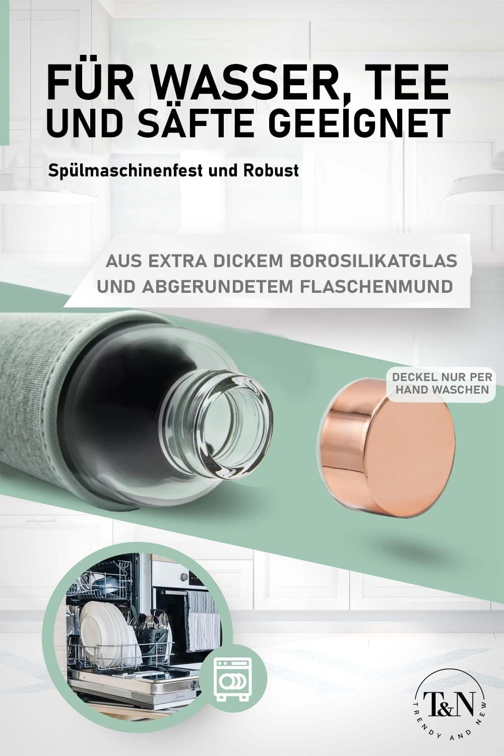 T&N Glasflasche 1 Liter / 750ml / 500ml – Trinkflasche Glas 1l mit Neoprenhülle – Wasserflasche Ausl