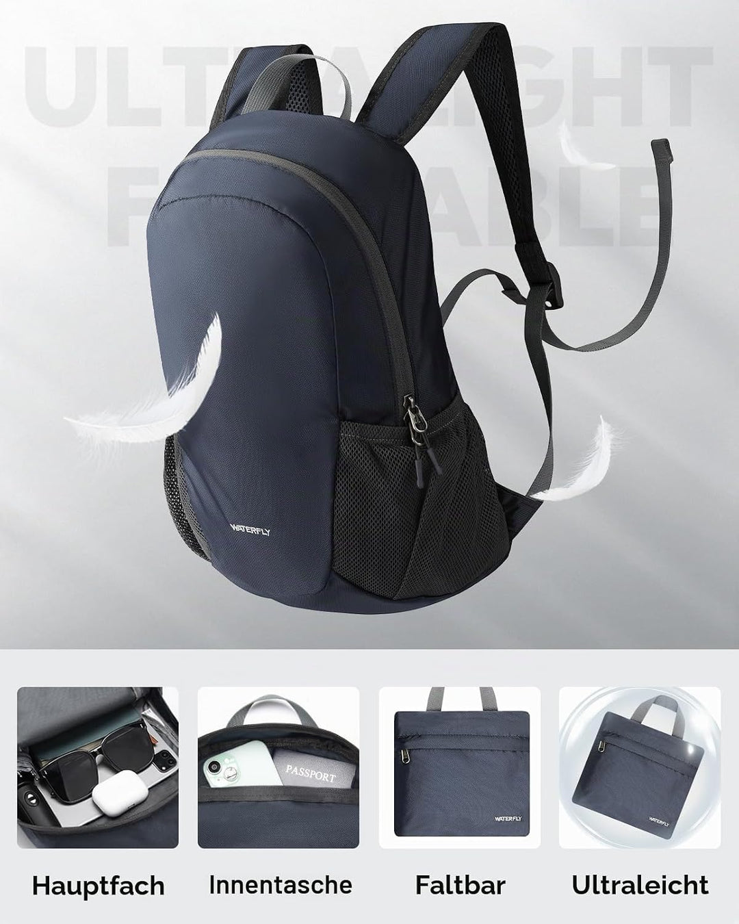 WATERFLY Ultraleicht Rucksack Faltbar 18L: Klein Packable Wanderrucksack Leicht Dünner Tagesrucksack