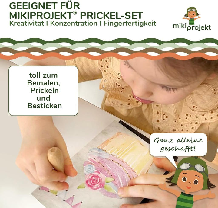 mikiprojekt® Prickelbilder Premiumqualität, Naturkarton - ab 4 Jahren mit Garn - Ausnähkarten – made