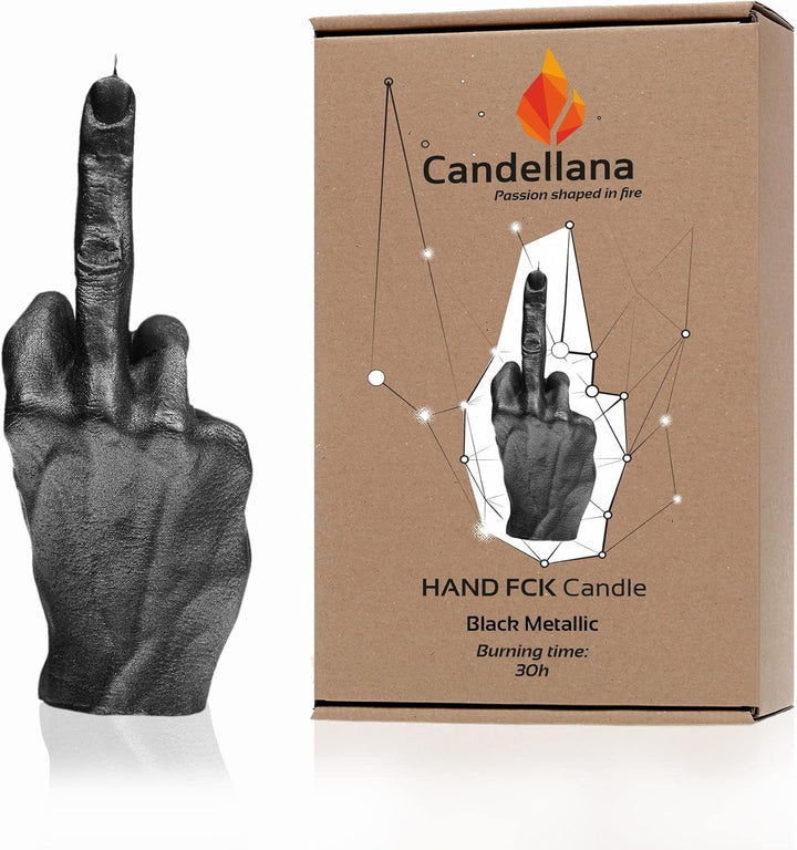 Candellana Kerze in Form eines Mittelfingers | FCK | Höhe: 20 cm | Schwarz Metalisch | Brennzeit 30h