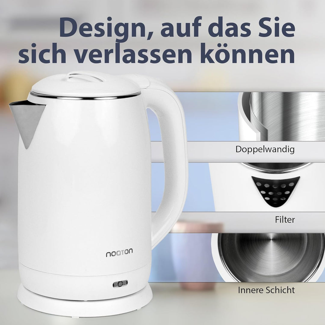 Noaton K1W Basic, Elektrische Wasserkocher, Kapazität 2L, Doppelwand-Design, Edelstahl, 1500 W, Leis