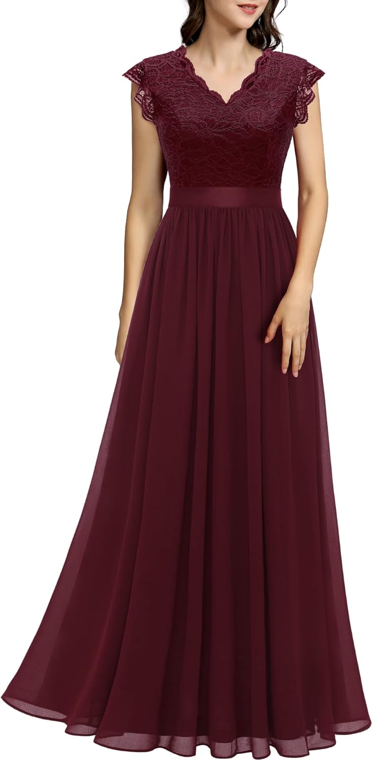 Dressystar Damen Ballkleid Maxi Lang Abendkleider Elegant für Hochzeit Spitzen Cocktailkeid S Band_b
