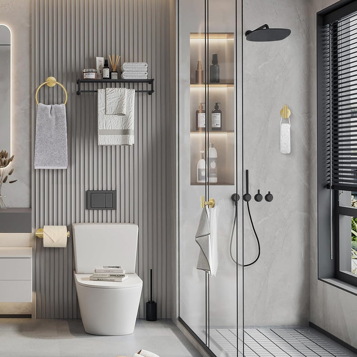 Badezimmer-Hardware-Set, goldfarbener Edelstahl, 4-teilig, inklusive Handtuchstangen, Papierhandtuch