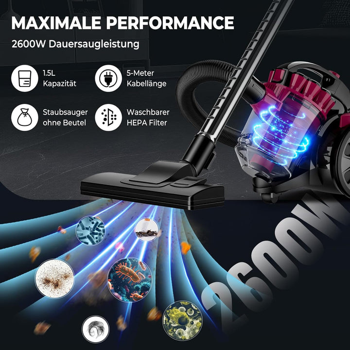 Beutelloser Staubsauger ohne Beutel, 2600W Staubsauger Beutellos, Staubsaugers Starke Saugleistung 2