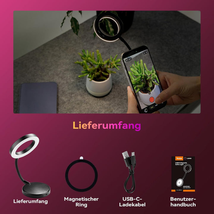 Ringlicht Handy, Rollei Magnetische Selfie Light Kompatibel mit iPhone Android Smartphone Tablet Lap