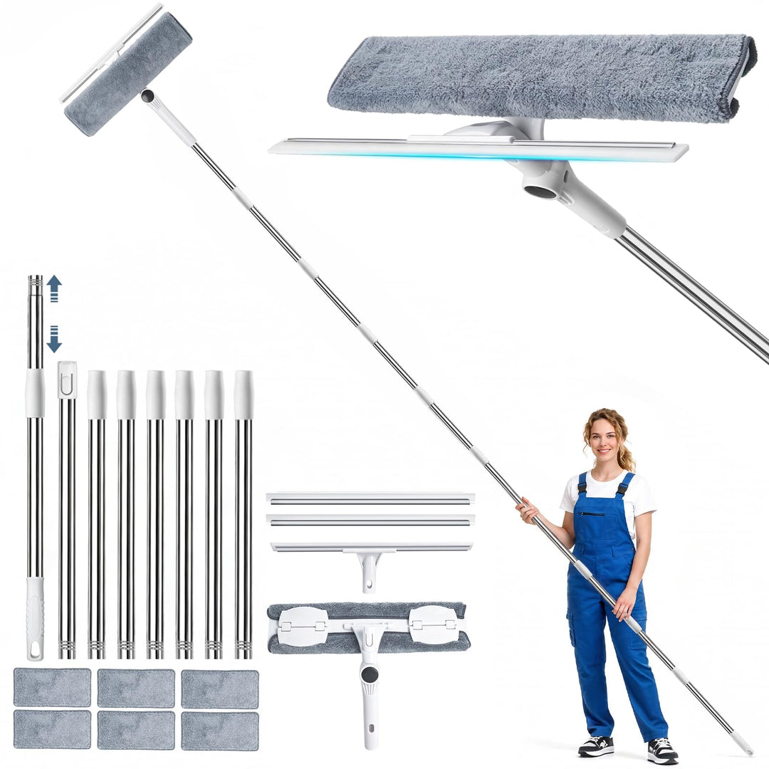 4m Teleskop Fensterputzer Set mit 2 Fensterabzieher für hohe Fenster | 2 in 1 Teleskopstange Fenster