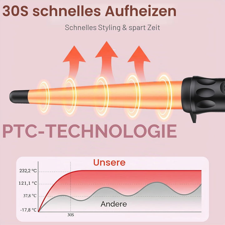 Lockenstab Kegelförmig 13-25mm, Gleichmässige Wärme Durch Keramikbeschichtung, LCD-Display mit 14 St