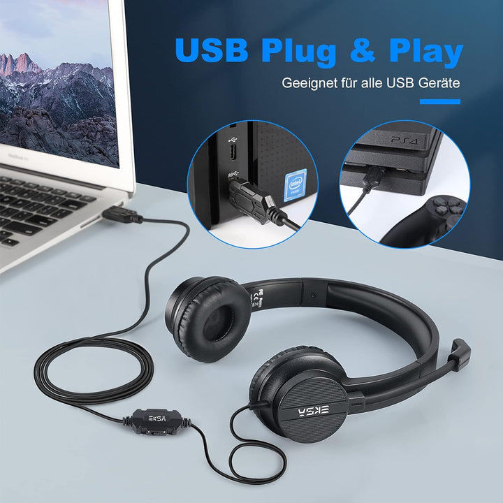 EKSA H12E USB PC Headset mit Mikrofon, Business Headset mit Rauschunterdrückung Mic, Stummschalter &