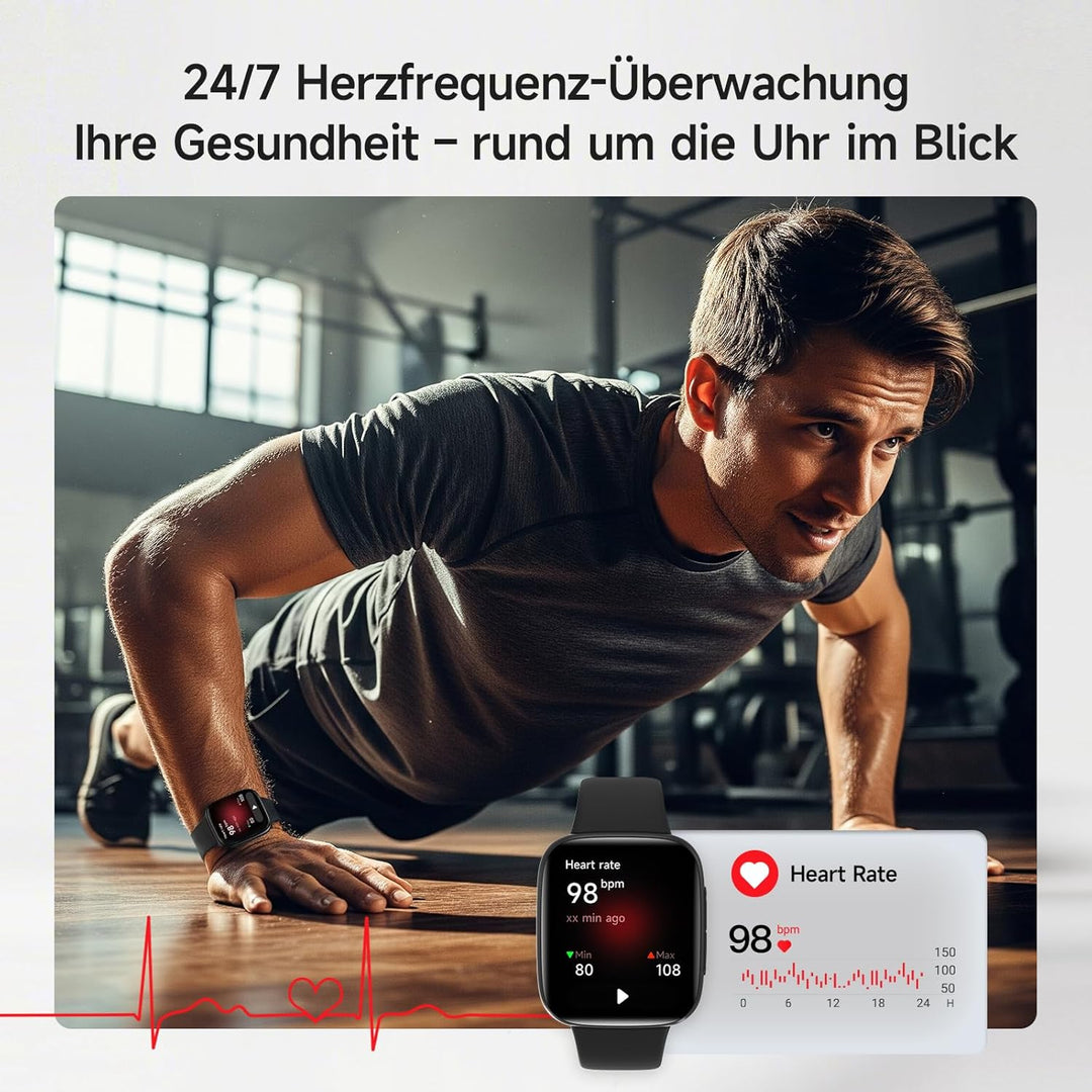 Smartwatch Herren Damen, 1,85" Fitnessuhr mit Telefonfunktion & Whatsapp, Herzfrequenz & Schlafmonit