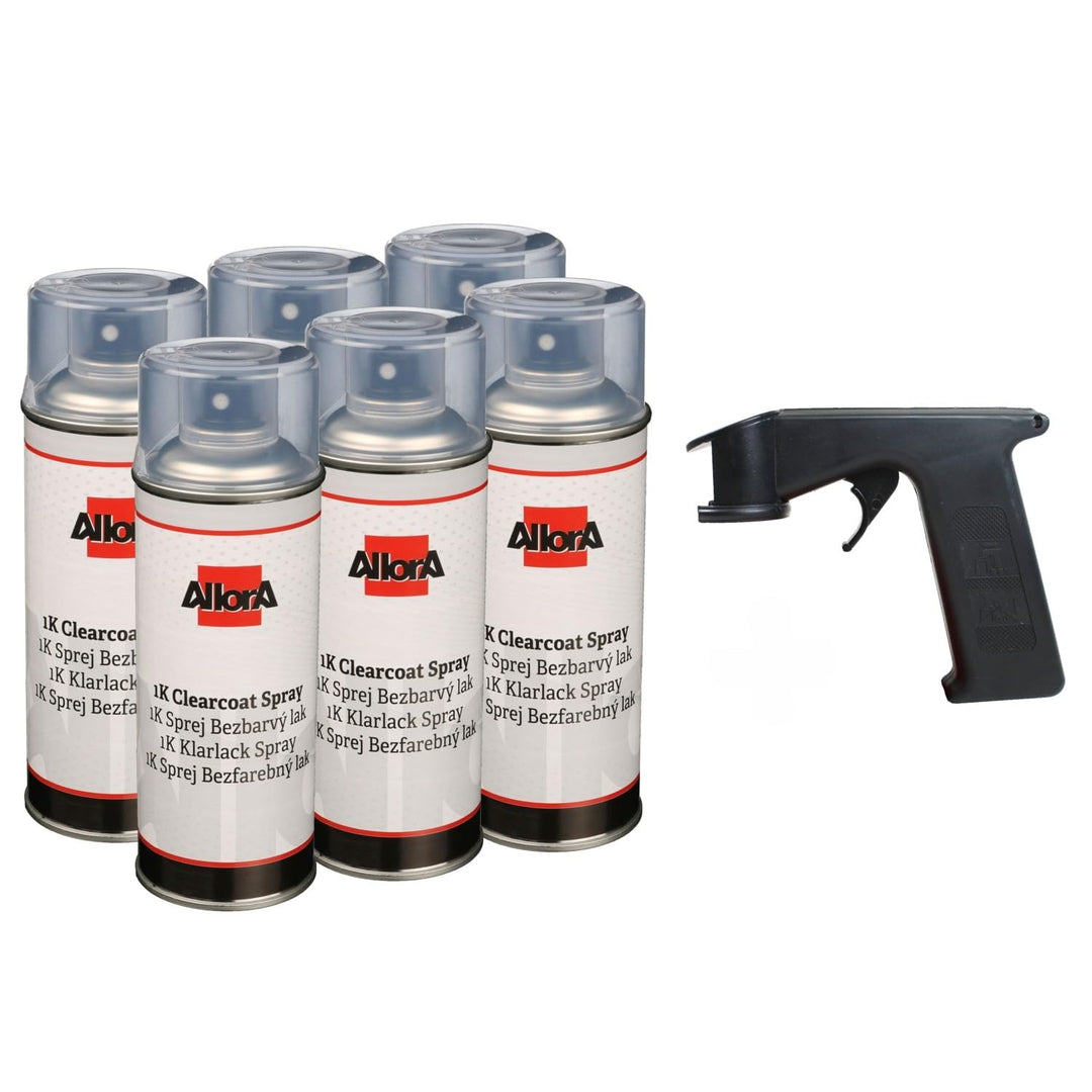 AllorA 6 x Profi 1K Klarlack in Spraydose 400ml Klarlackspray farblos + Spraydosenhandgriff