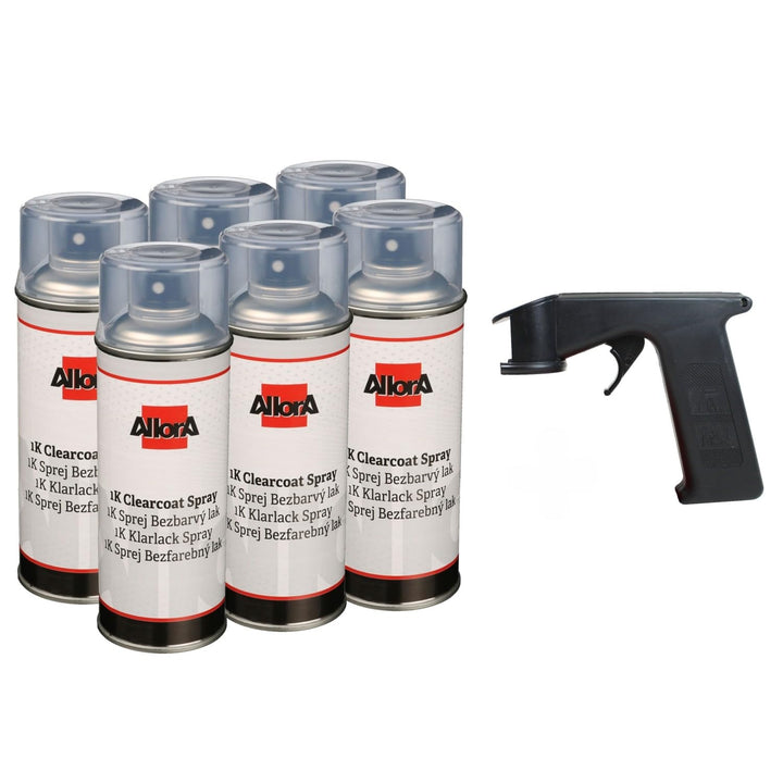 AllorA 6 x Profi 1K Klarlack in Spraydose 400ml Klarlackspray farblos + Spraydosenhandgriff