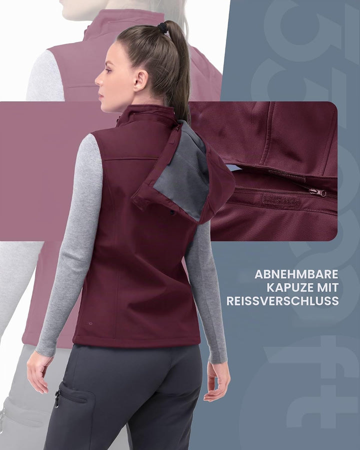 33,000ft Damen Softshell Westen mit Abnehmbare Kapuze Fleece Gefütterte Ärmellose Jacke Wasserdichte