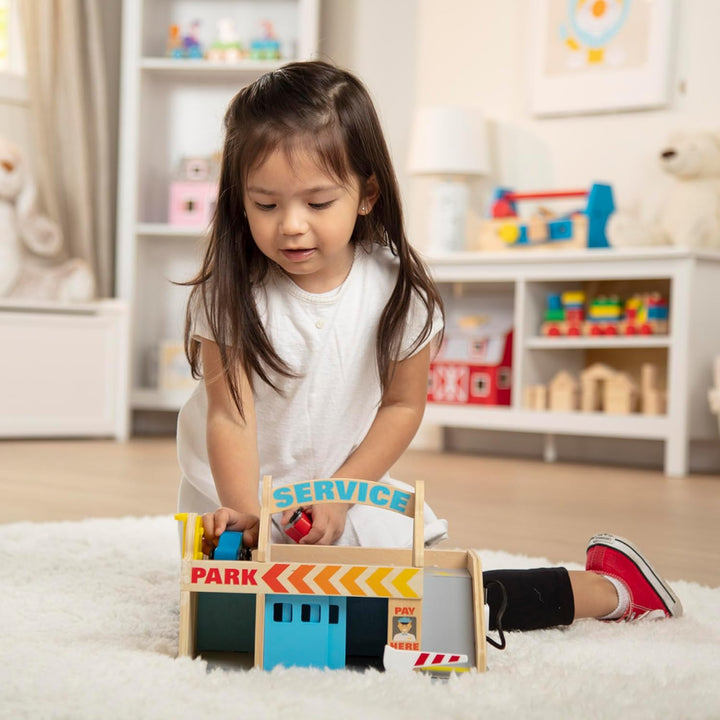 Melissa & Doug Service Station Parking Garage , Wooden Vehicle , Pretend Play , 3+ , Gift for Boy or