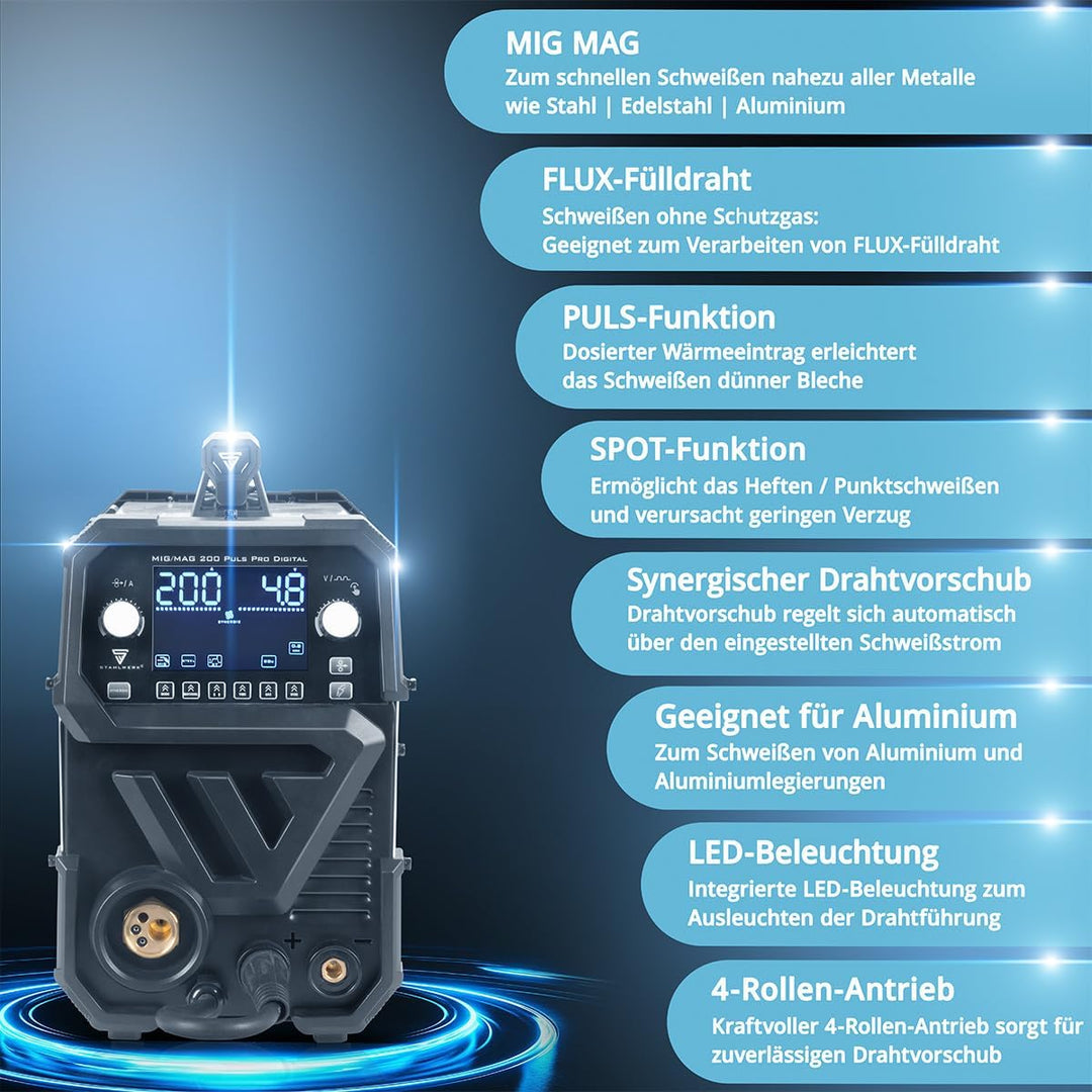STAHLWERK Schweissgerät Kombi MIG MAG 200 Spot Puls Pro - digital, 200A IGBT Inverter, Fülldraht, FL