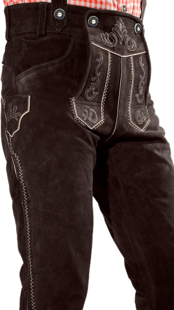 Bayerische Premium Herren Trachten Lederhose, Trachtenlederhose mit Trägern, original in Dunkelbraun
