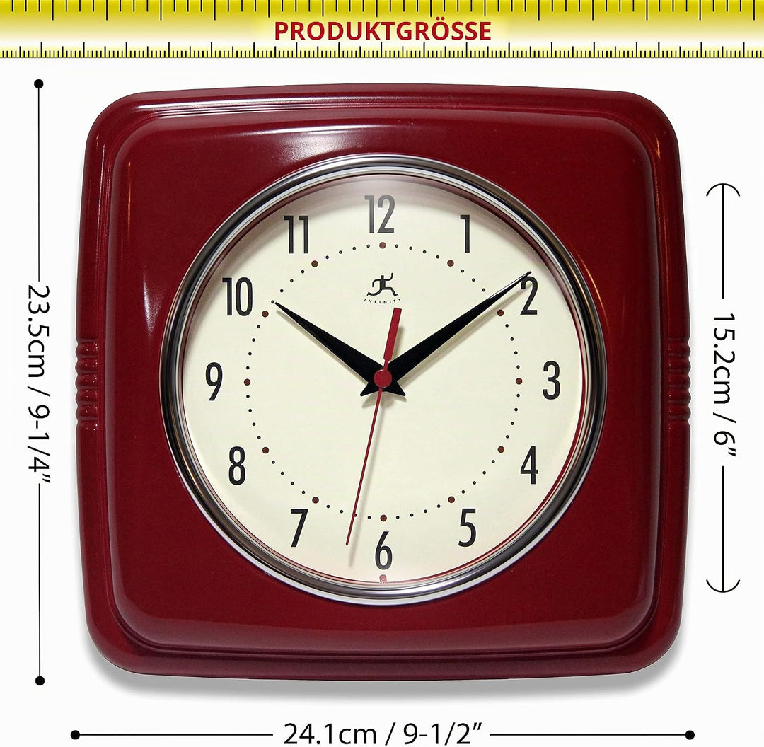 Infinity Instruments Quadratische Wanduhr mit Quarz-Uhrwerk, geräuschlos, 22,9 cm Antik rot, Rot
