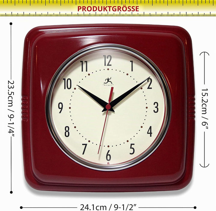 Infinity Instruments Quadratische Wanduhr mit Quarz-Uhrwerk, geräuschlos, 22,9 cm Antik rot, Rot