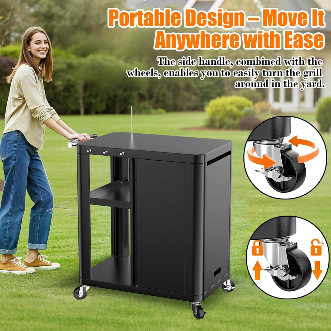 GFTIME Grillwagen, Grilltisch mit klappbarer Beistelltisch, Outdoorküche mit Haken, Aufbewahrungsreg