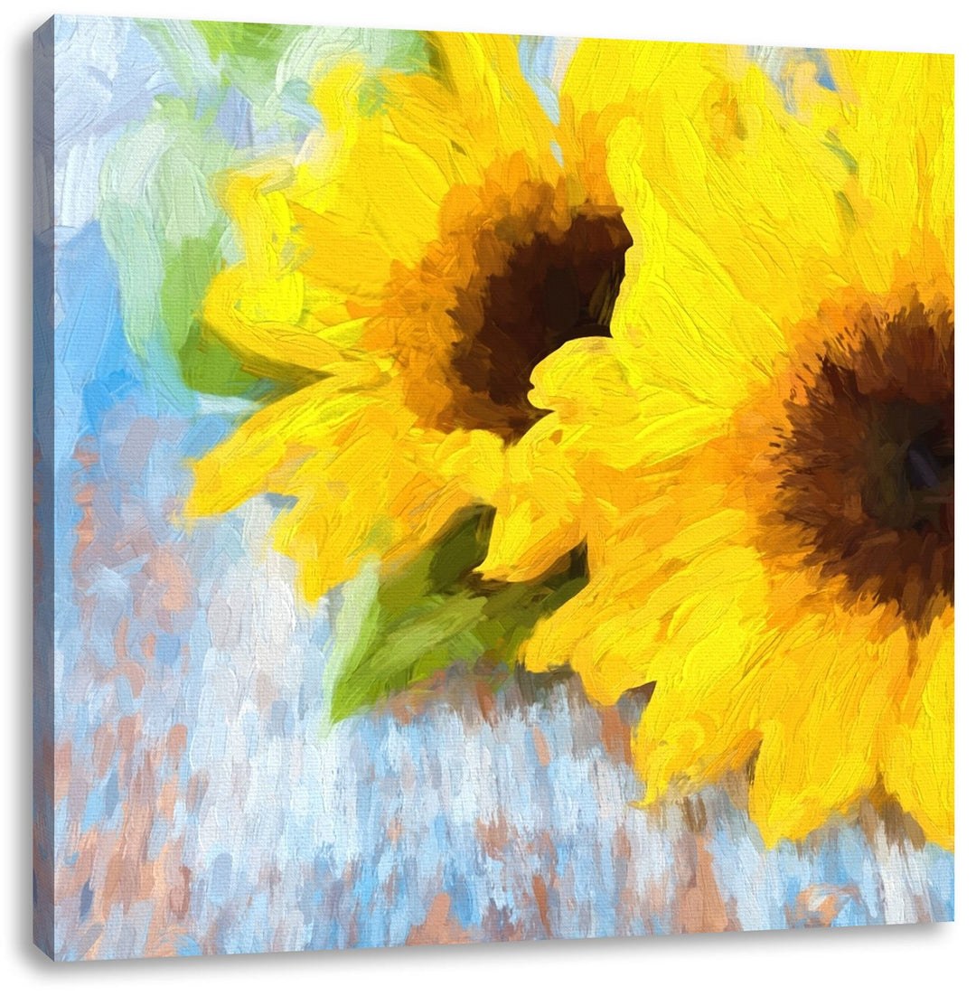 Pixxprint schöne Sonnenblumen auf Holztisch als Leinwandbild Quadratisch| Grösse: 70x70 | Wandbild|