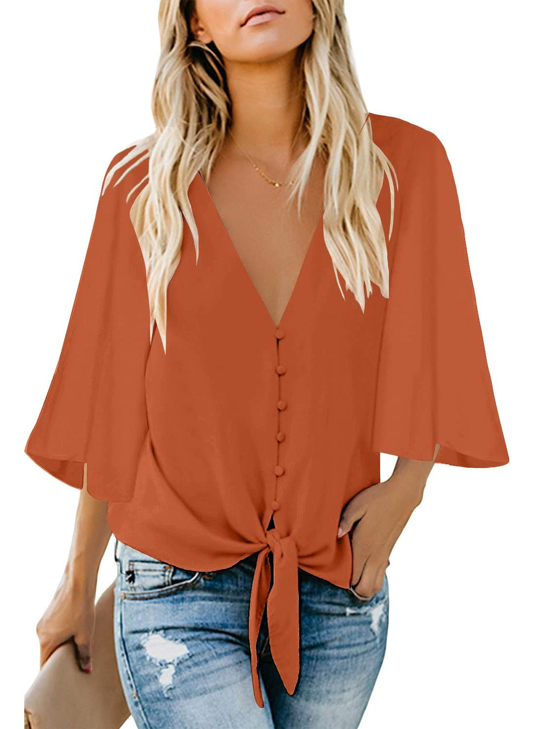 Damen Bluse Chiffon Elegant V-Ausschnitt Bell Sleeve Fledermausärmel Oberteile Hemd Loose Tops mit 3