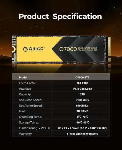 ORICO M2 SSD 2TB, NVMe SSD M.2 mit Kühlkörper, PCIe 4.0 x 4, bis zu 7000MB/s, SLC Cache 3D NAND, M.2