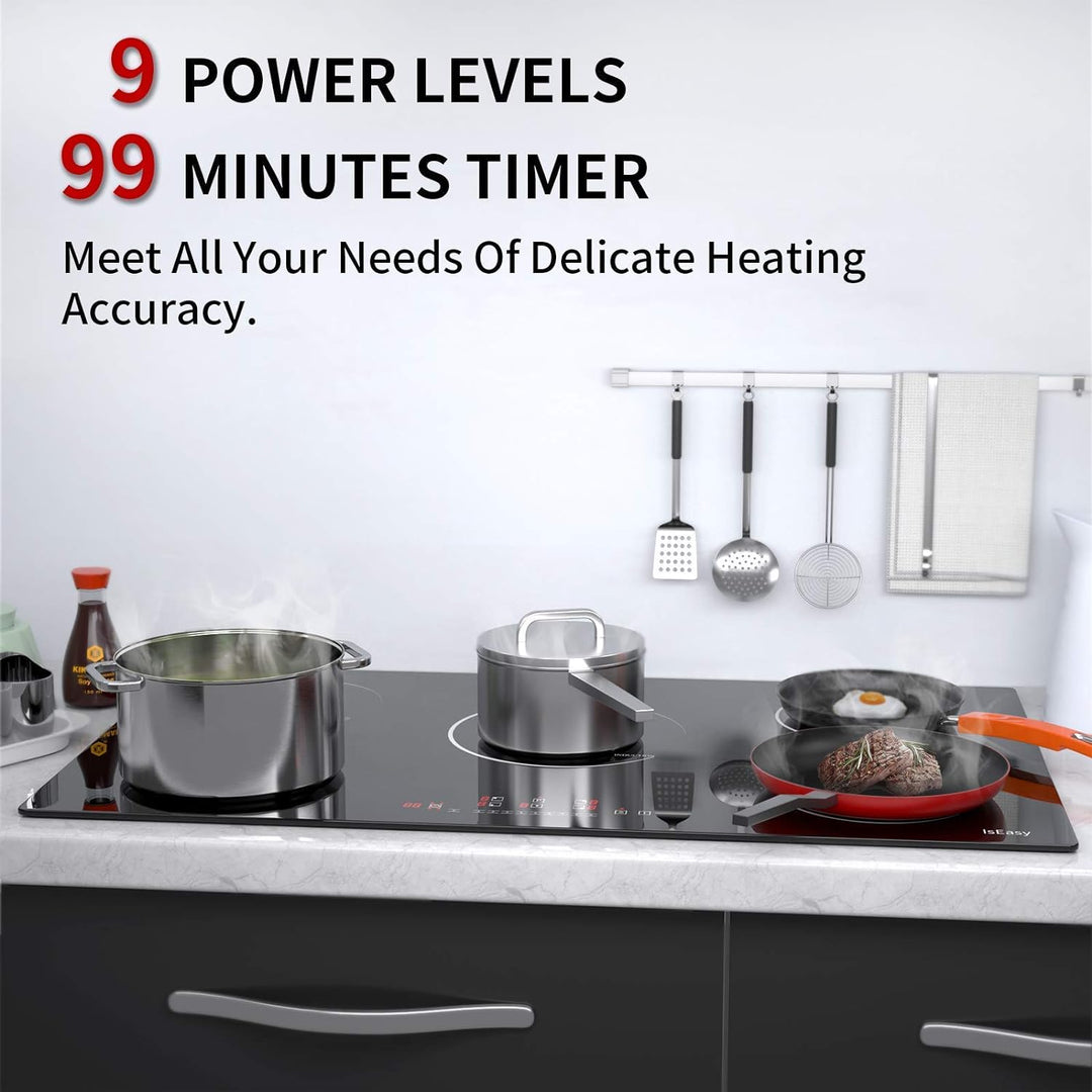 IsEasy Induktionskochfeld, 90cm elektrisches Induktionskochfeld – (8600W, 5 Kamine, schwarzes Glas,