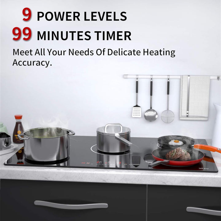 IsEasy Induktionskochfeld, 90cm elektrisches Induktionskochfeld – (8600W, 5 Kamine, schwarzes Glas,