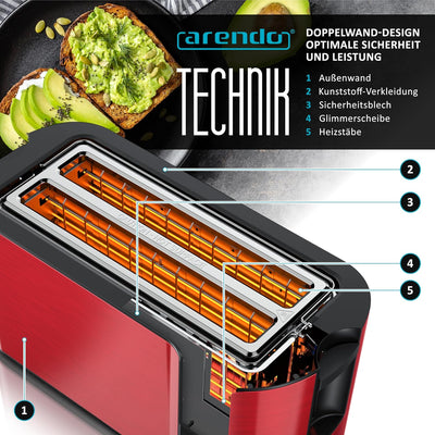 Arendo - Edelstahl Toaster Langschlitz 4 Scheiben- Touchscreen – Doppelwandgehäuse – Integrierter Br