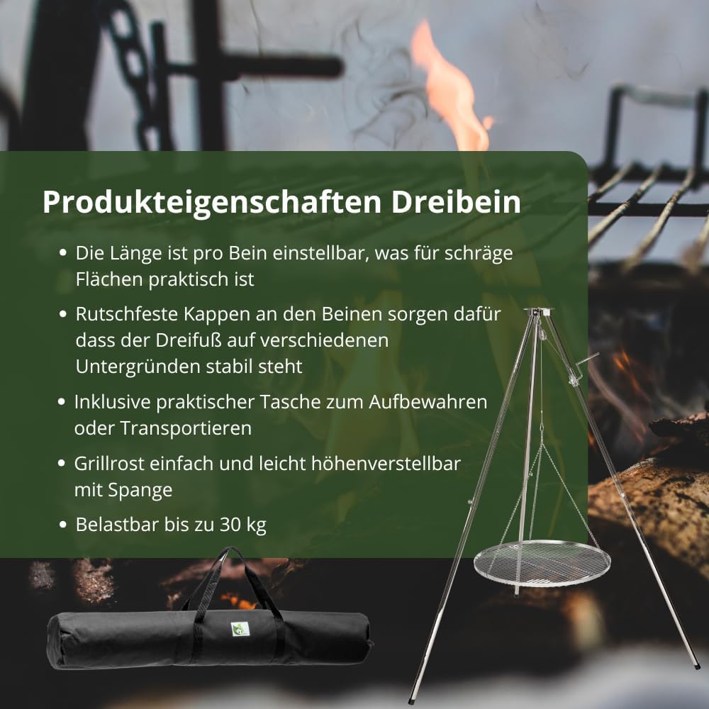 Edelstahl Dreibein mit Tasche Schwenker Grillgestell 60 cm Edelstahlrost 6 mm Stäbe
