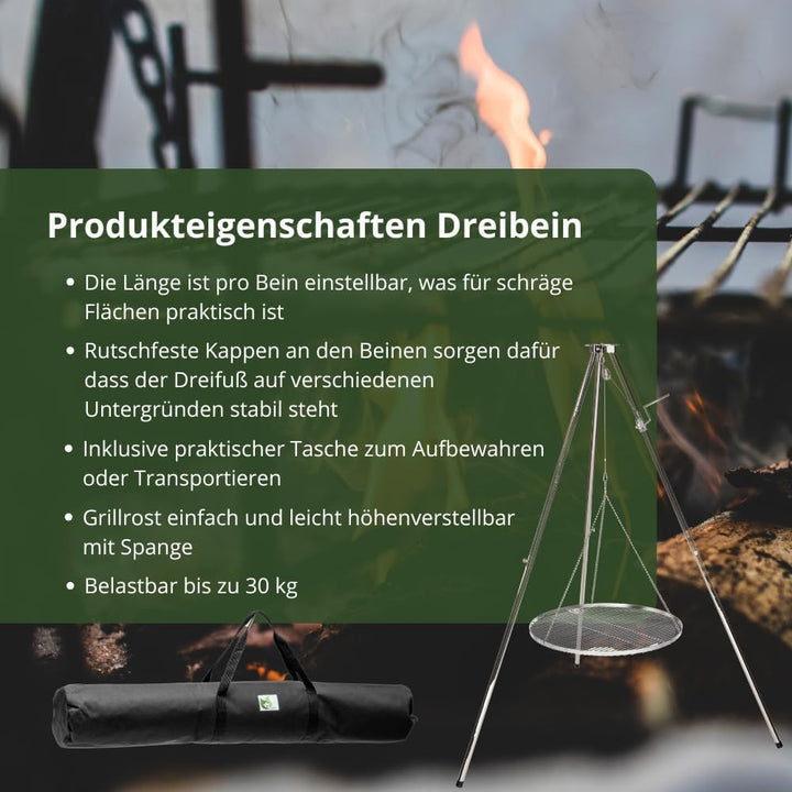 Edelstahl Dreibein mit Tasche Schwenker Grillgestell 60 cm Edelstahlrost 6 mm Stäbe