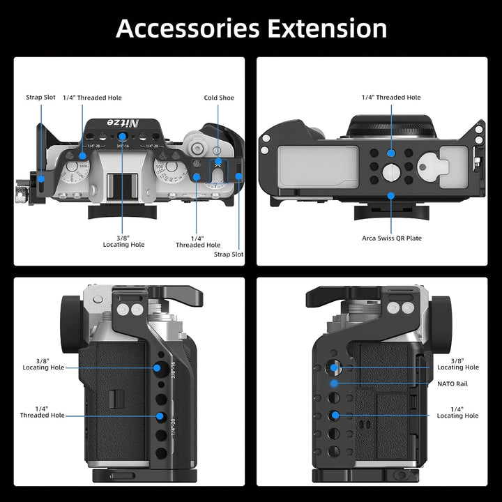 Nitze X-T5 Käfig für Fujifilm X-T5 Kamera mit Built-In NATO Rail und Arca Swiss QR Platte, Aluminium