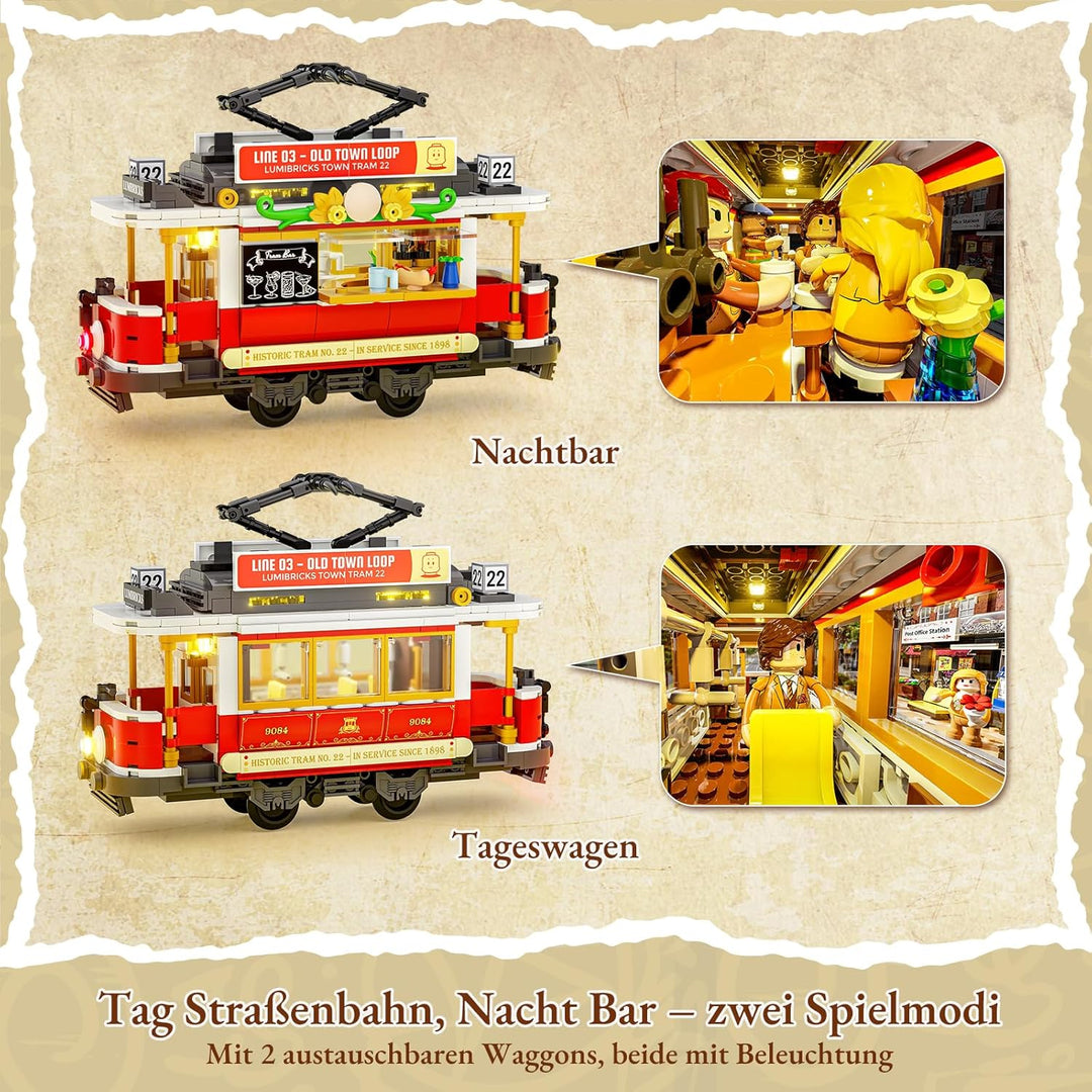 Lumibricks Heritage-Strassenbahn und -Haltestelle Bausatz mit Licht, Vintage-Dekor,kompatibel mit Mo