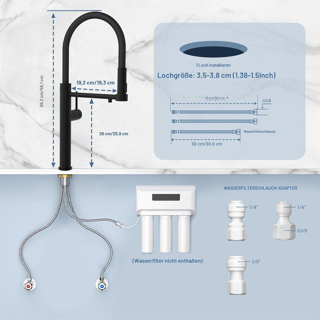 Tohlar 3 Wege Wasserhahn Küche, 360°Drehbar Küchenarmatur, 3 in 1 Mischbatterie für Wasserfilter Osm